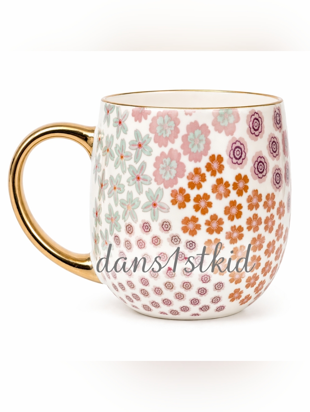 Thyme & Table Floral Coffee Mug Gold Handle Boho Pink‎ Ceramic Tea Cup Cute
